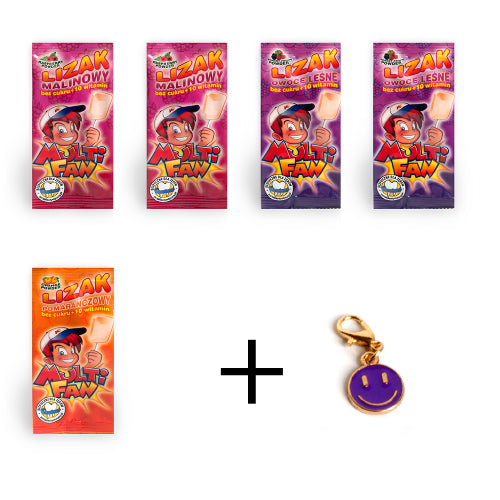 Lizak Multifan bez cukru x 5 + GRATIS Zawieszka Wesoła Buźka
