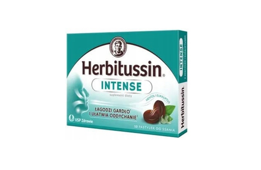 Herbitussin Intense – mentol, eukaliptus, prawoślaz, witamina C – Pastylki na gardło i oddychanie – 10 pastylek