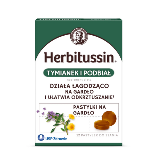 Herbitussin Tymianek i Podbiał – Pastylki na gardło i drogi oddechowe – 12 pastylek